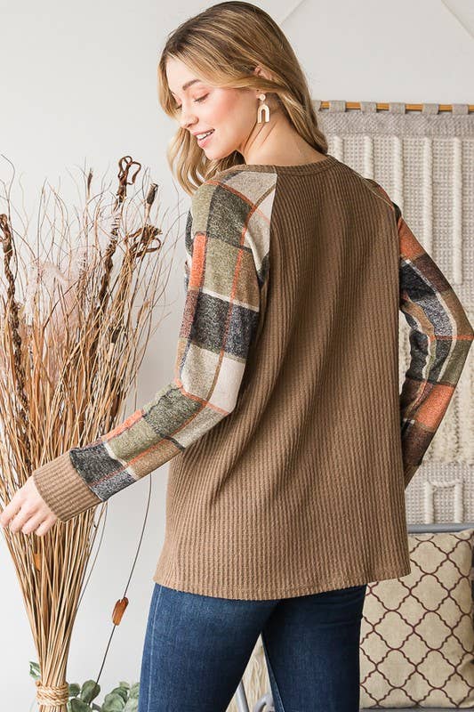 Falling into Autumn Plaid Waffle Knit Top