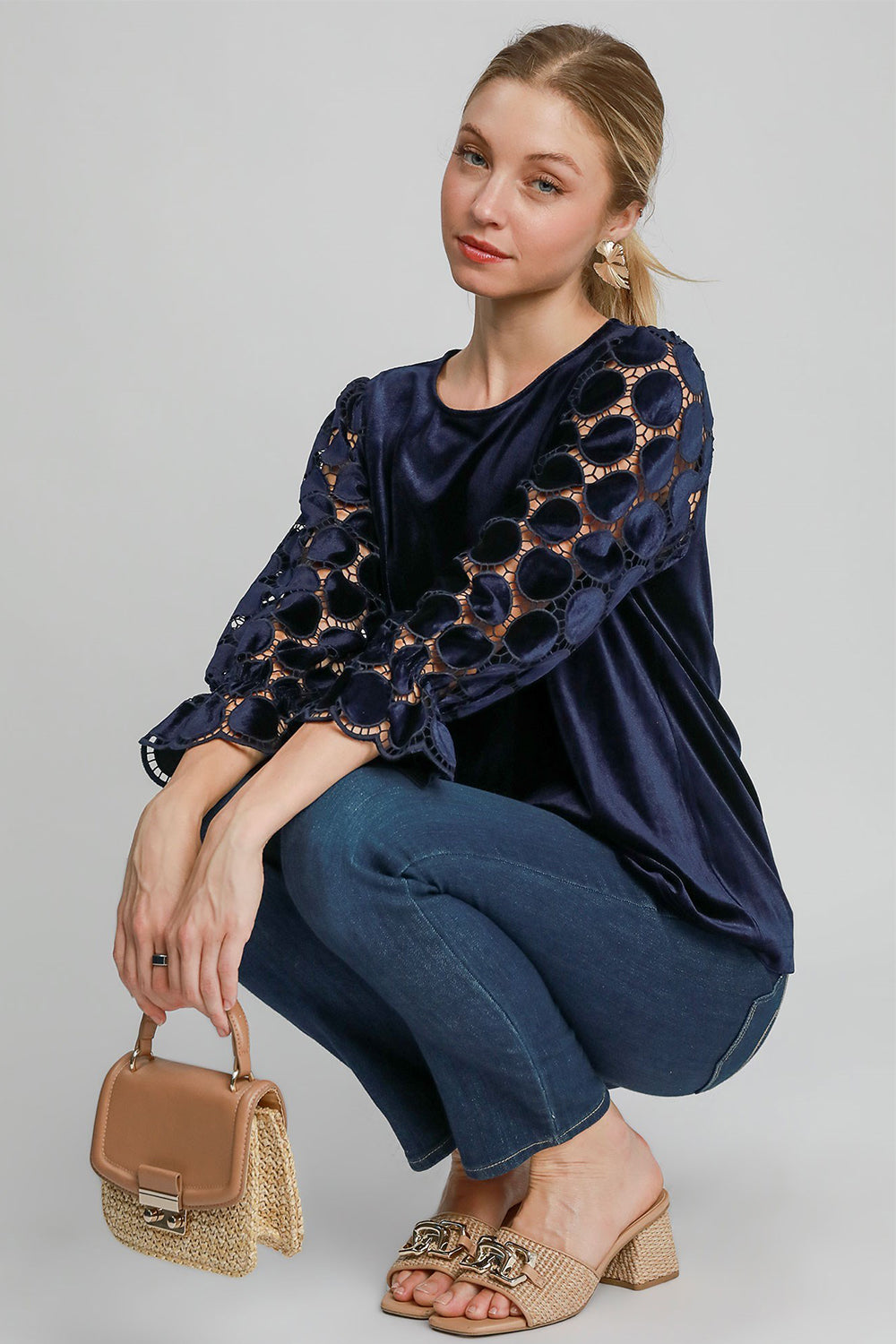 Umgee Polka Dot Lace Long Sleeve Round Neck Blouse