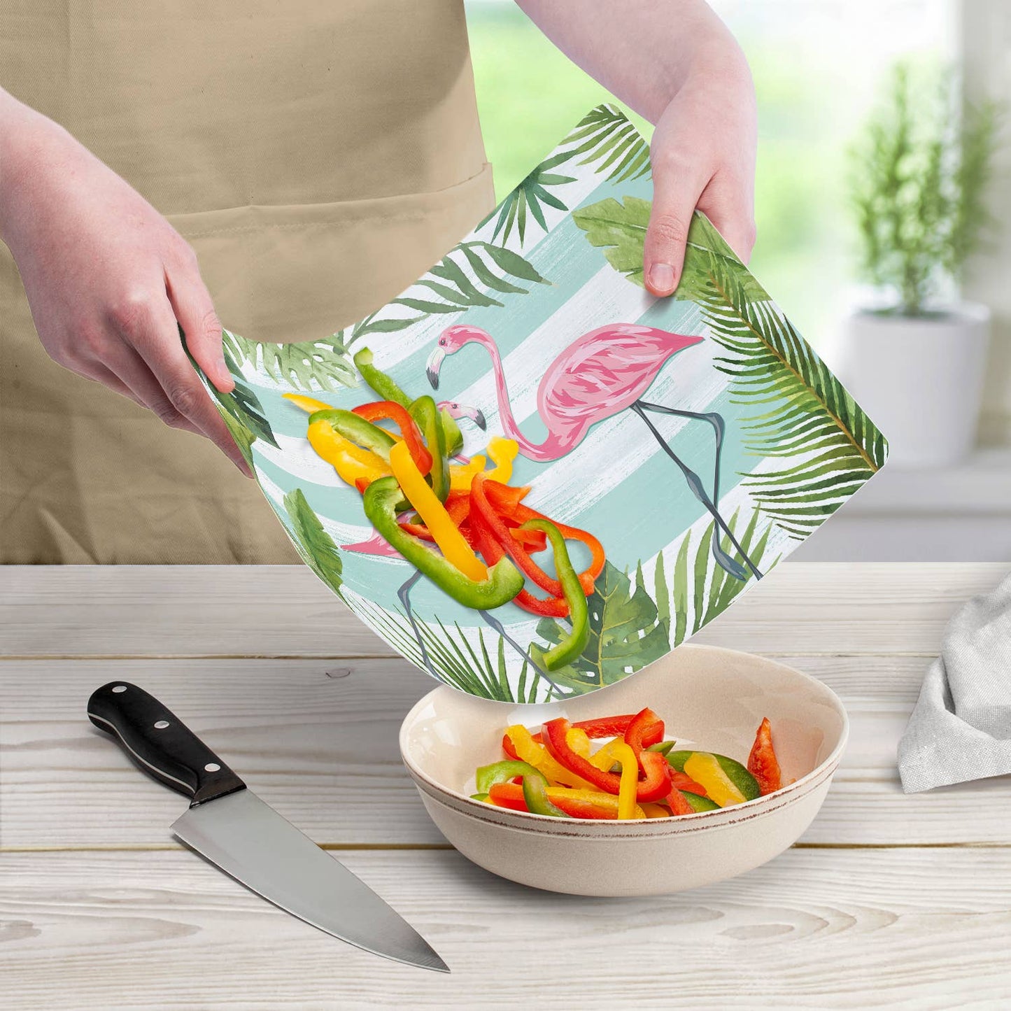 Flamingos & Stripes Designer Cutting Board Mat 15" x 11.5"
