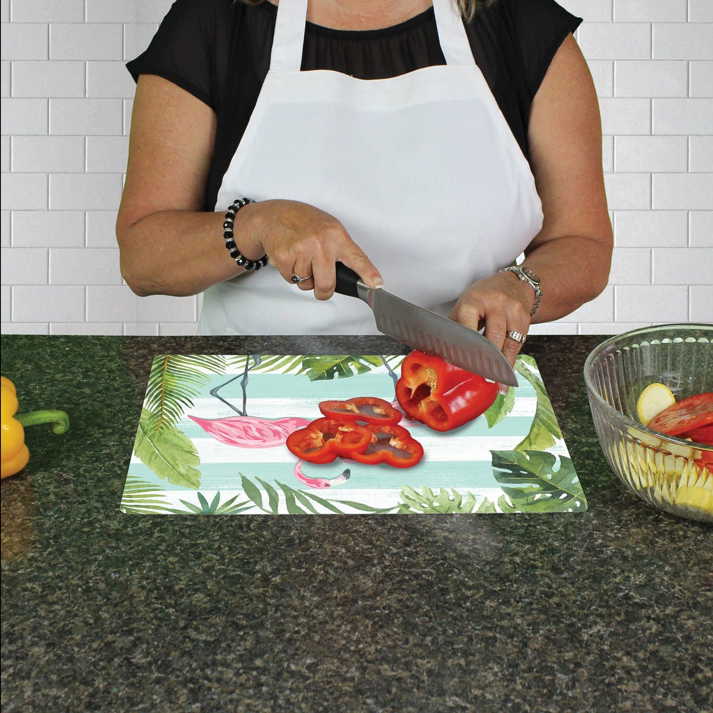 Flamingos & Stripes Designer Cutting Board Mat 15" x 11.5"