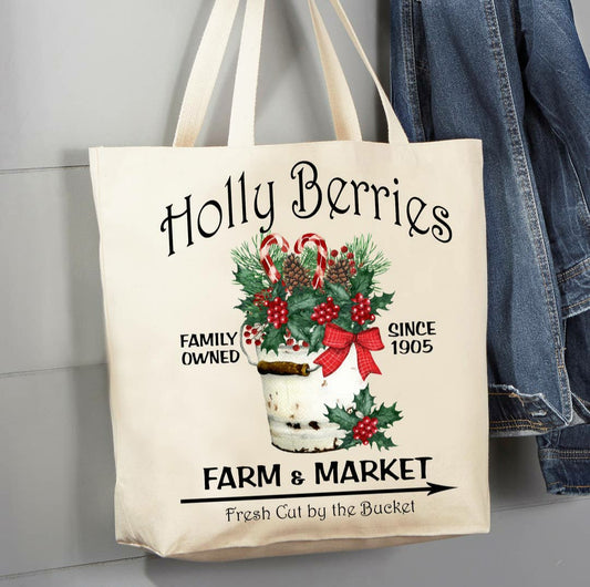 Holly Berry Christmas Farmers Market Canvas Tote Bag