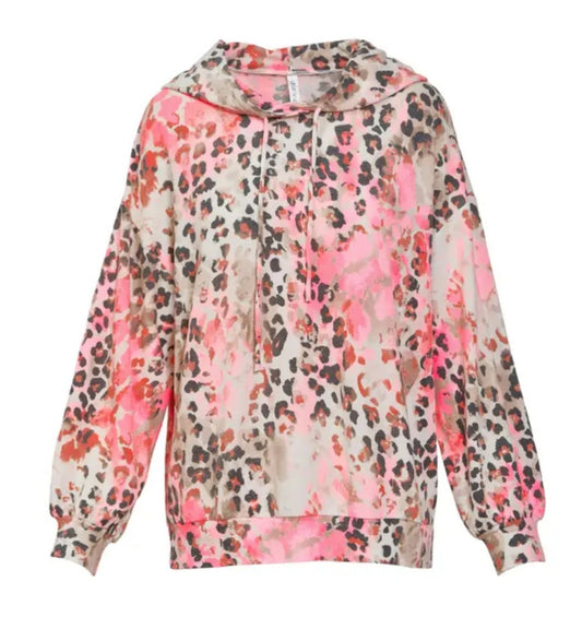 Dear Scarlett Balloon Sleeve Hoodie - Hot Pink Animal Print